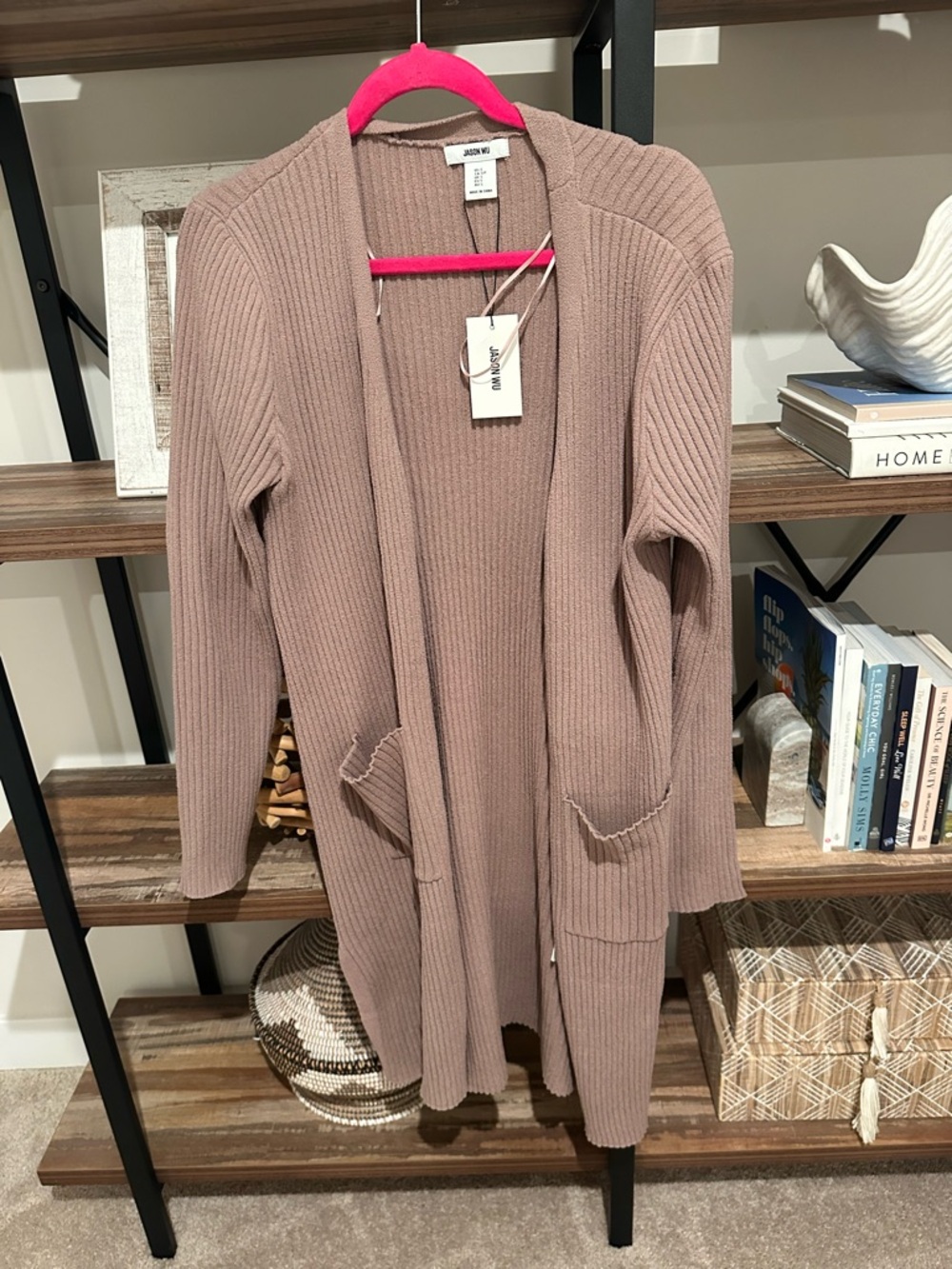 Jason Wu Ribbed Open-Front Long Cardigan in Taupe